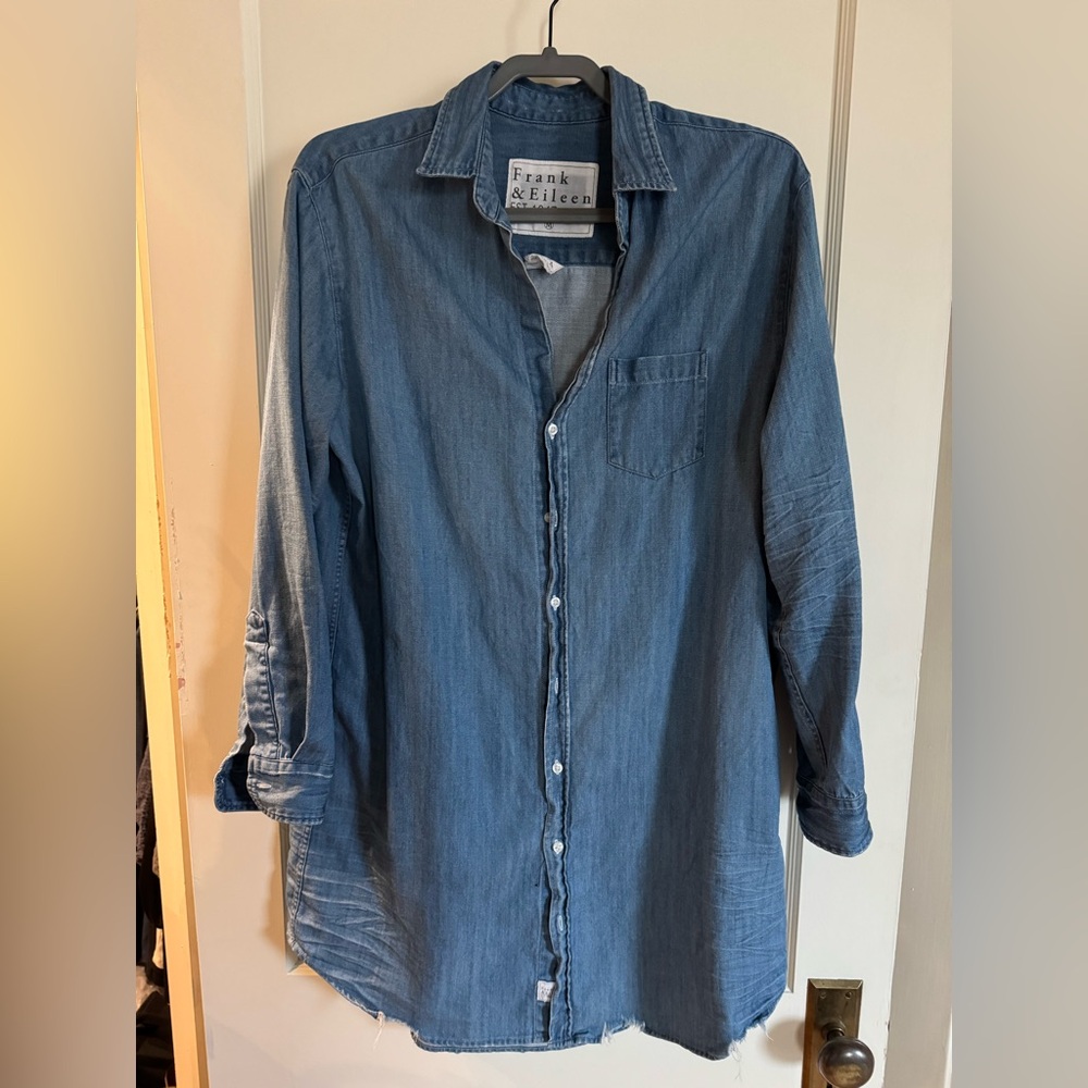 Frank & Eileen Denim-Look Long Sleeve Shirt Dress in Washed Blue
